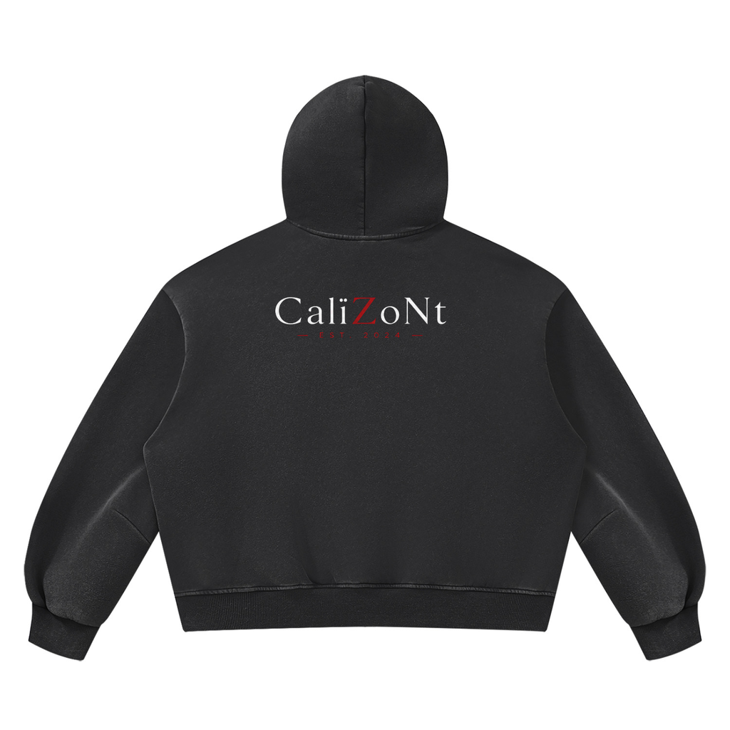 CalïZoNt Vintage Wash Boxy Hoodie Mountain in black, back view
