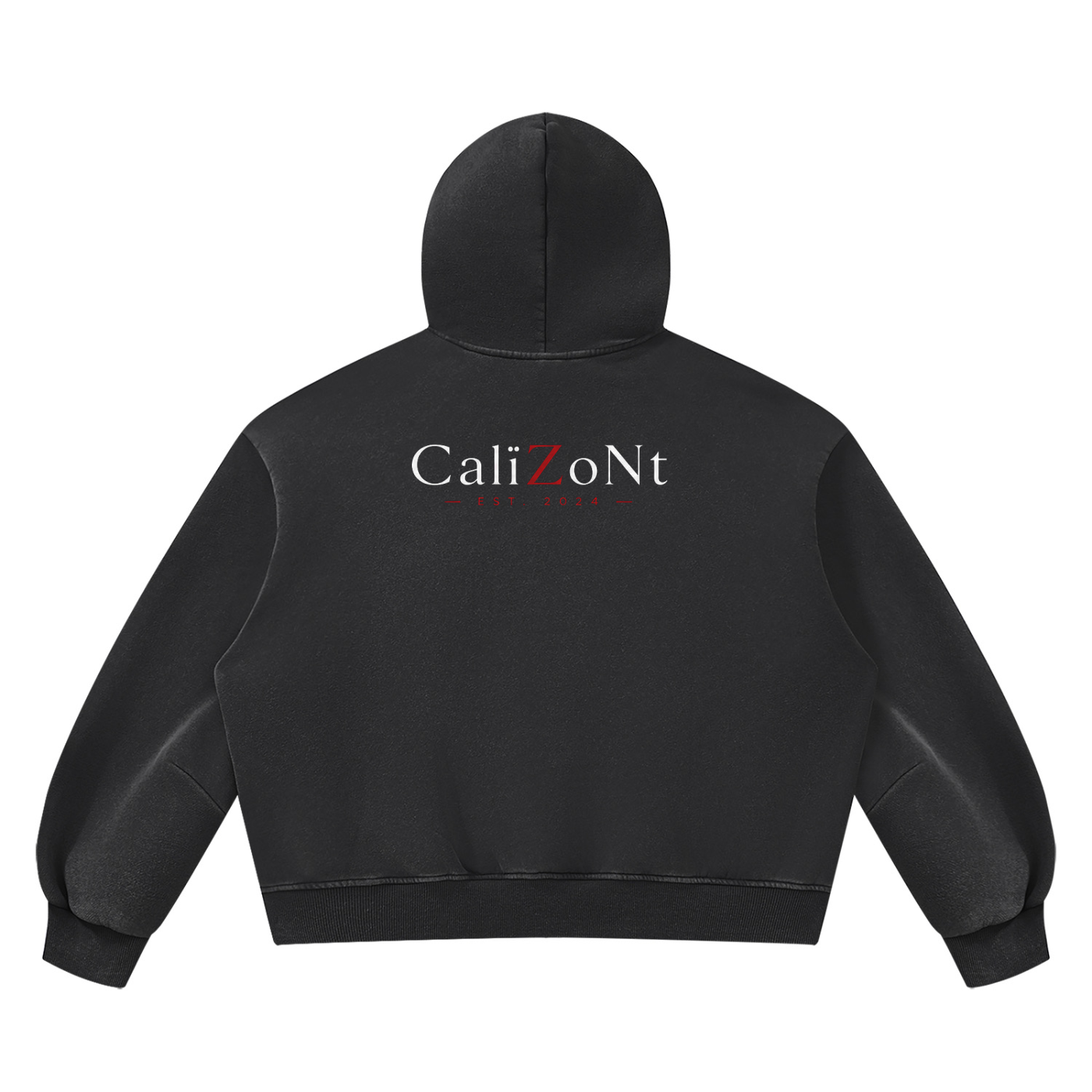 CalïZoNt Vintage Wash Boxy Hoodie Mountain in black, back view