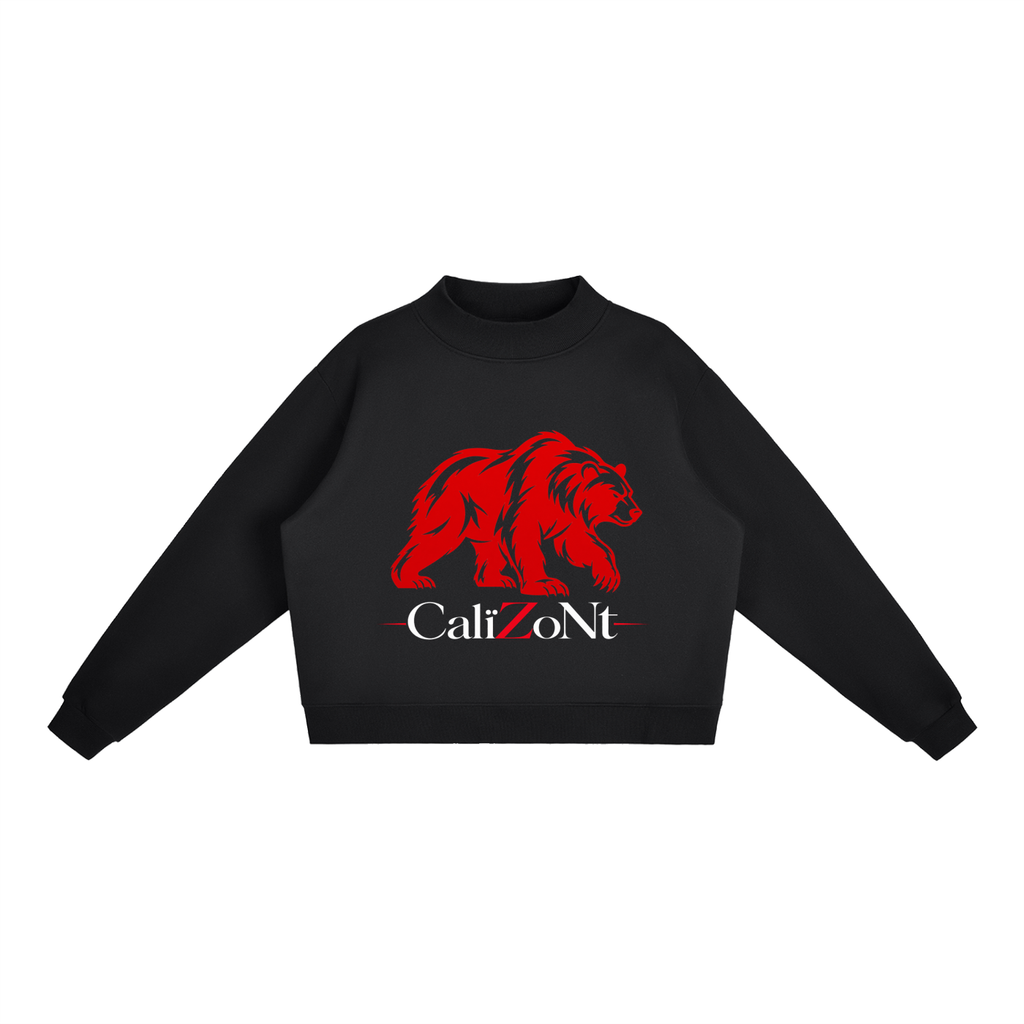 CalïZoNt Mock-Neck Crew Sweatshirt Bear Badge in black, front view