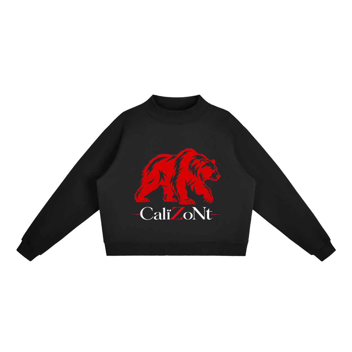 CalïZoNt Mock-Neck Crew Sweatshirt Bear Badge in black, front view