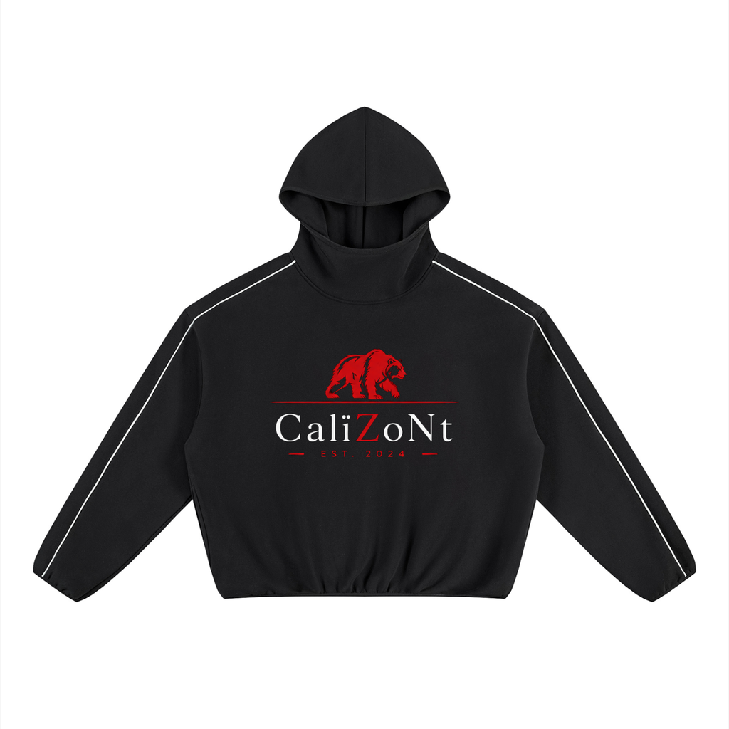 CalïZoNt Boxy Piping Fleece Hoodie in black, front view