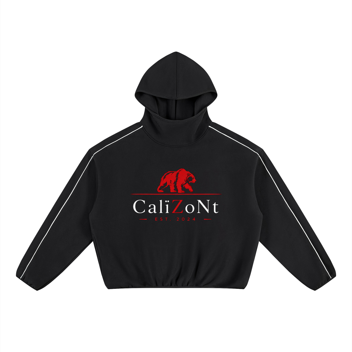 CalïZoNt Boxy Piping Fleece Hoodie in black, front view