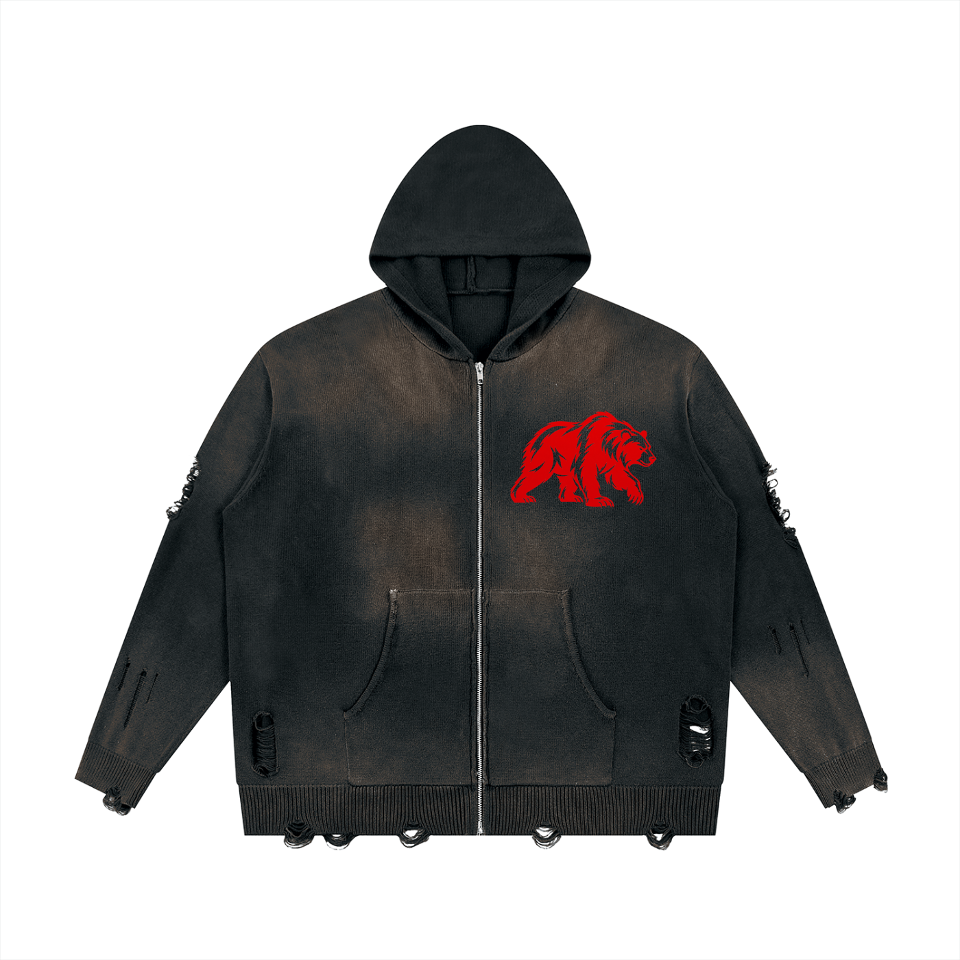 CalïZoNt Distressed Full-Zip Sweater in black, front view