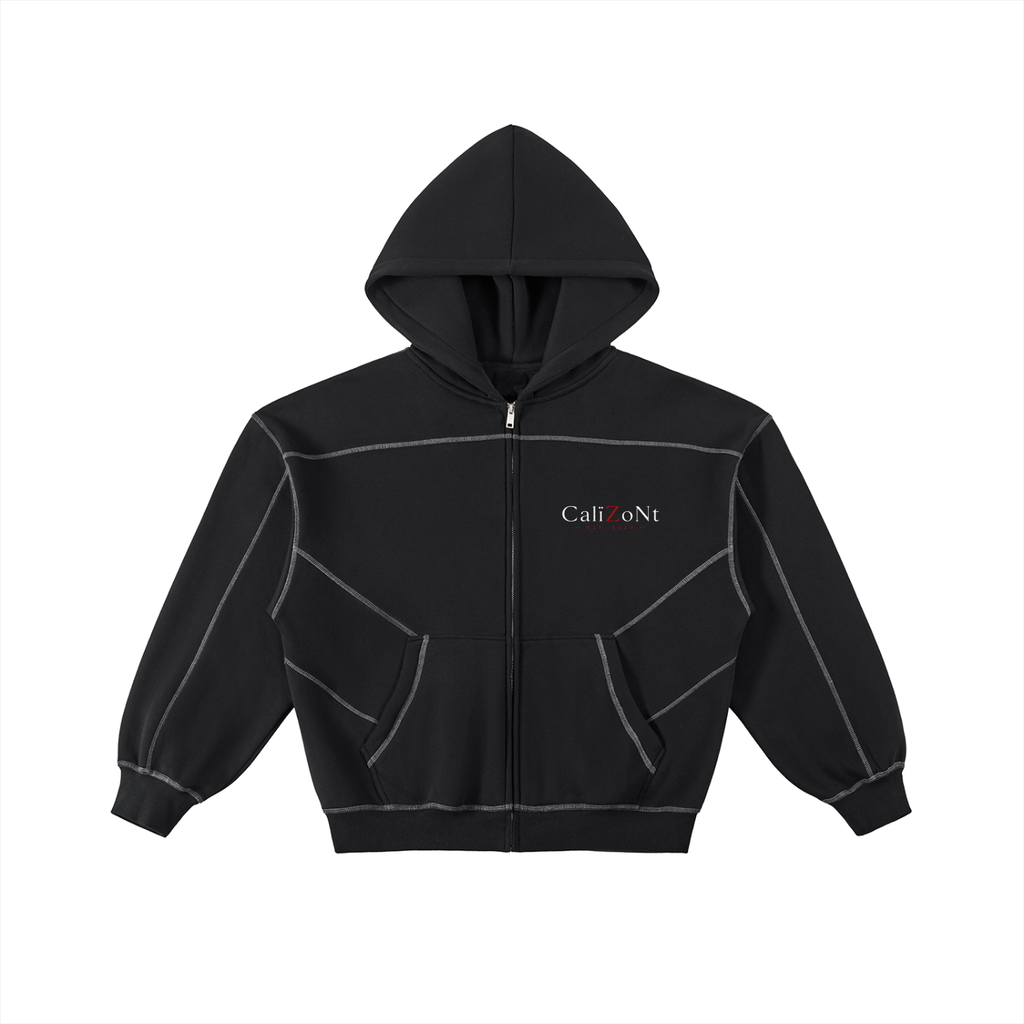CalïZoNt Contrast-Stitched Boxy Zip Hoodie in black, front view