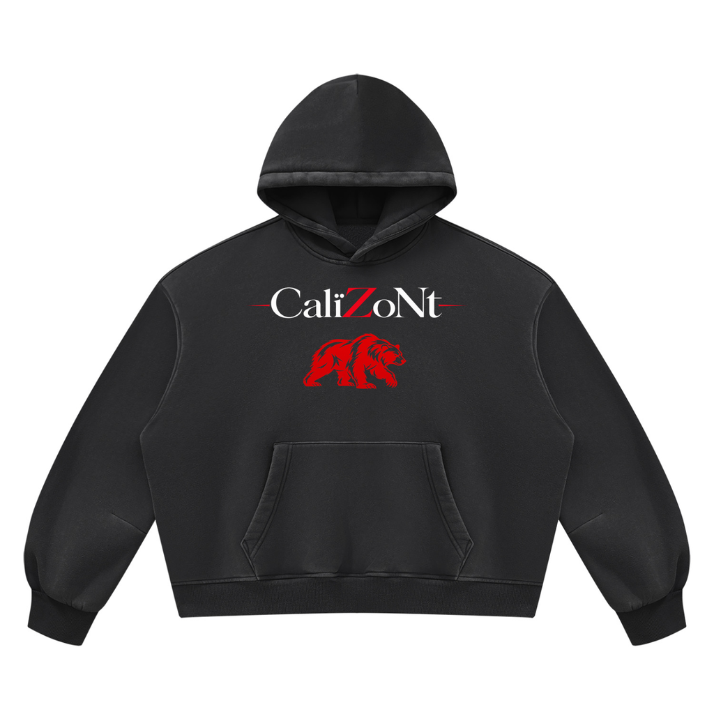 CalïZoNt Vintage Wash Boxy Fleece Hoodie in black, front view