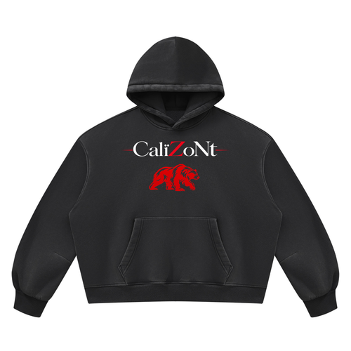 CalïZoNt Vintage Wash Boxy Fleece Hoodie in black, front view