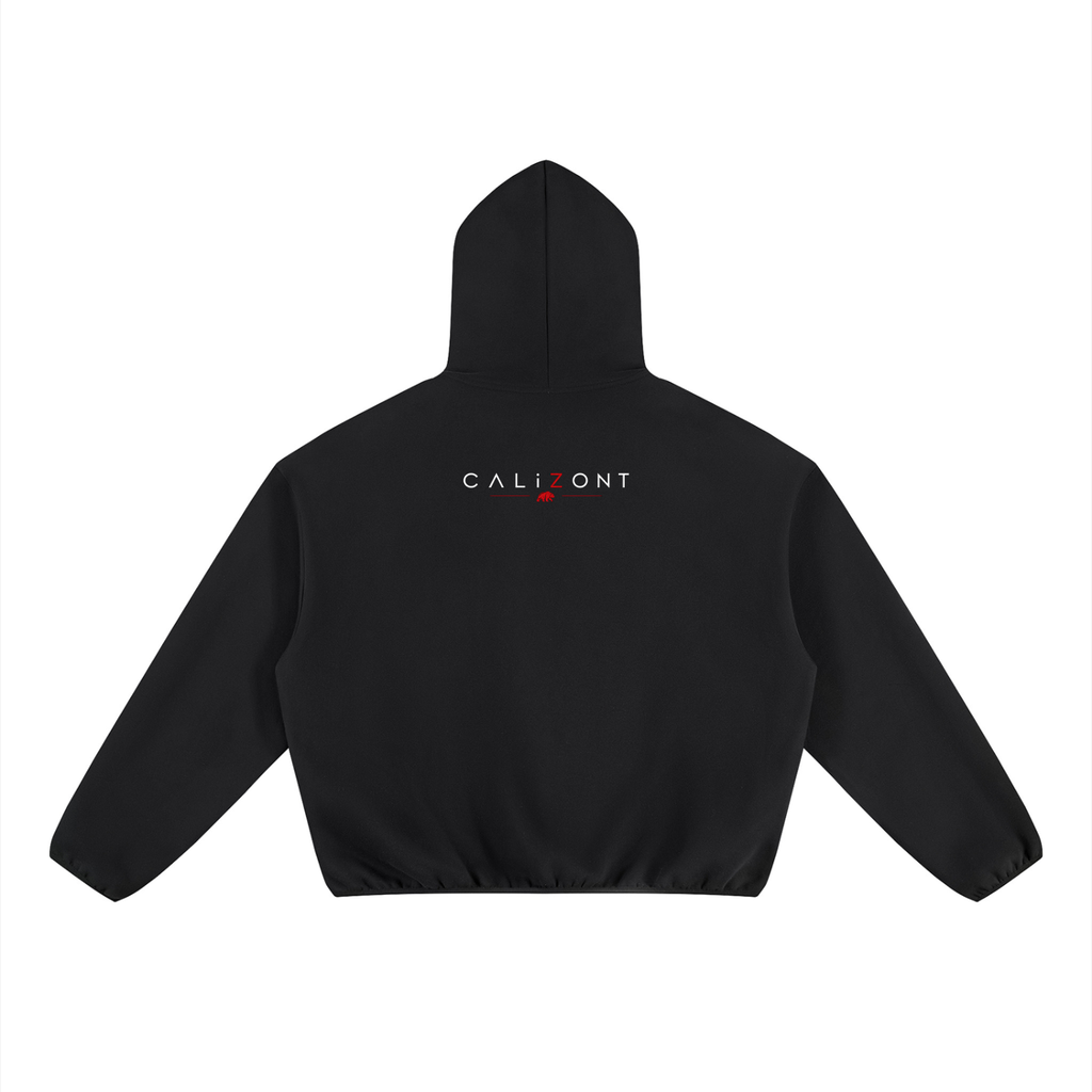CalïZoNt Boxy Piping Fleece Hoodie in black, back view