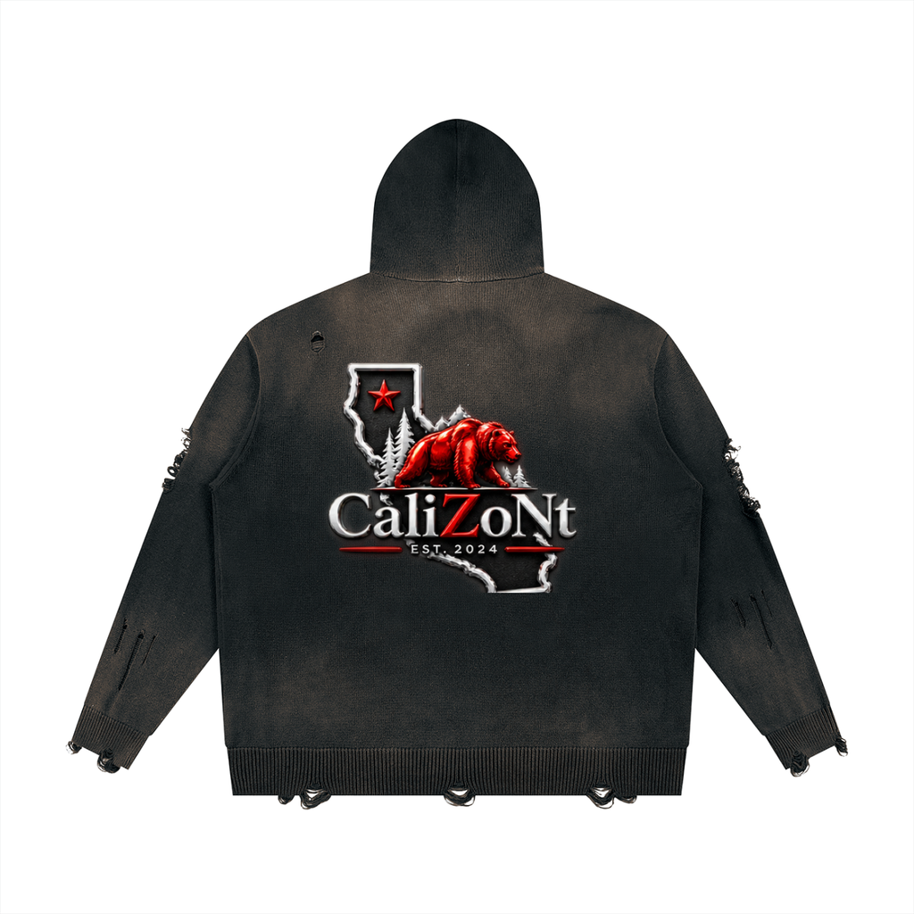 CalïZoNt Distressed Full-Zip Sweater in black, back view