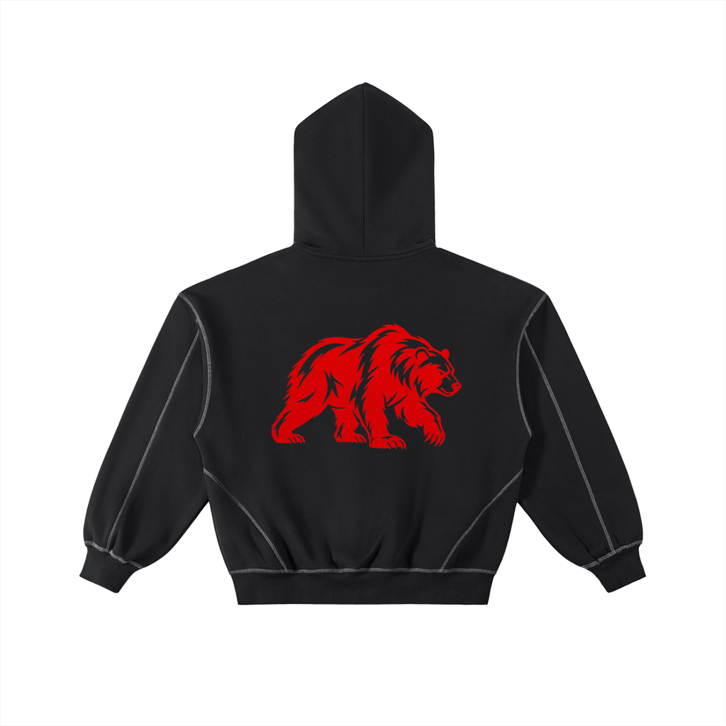 CalïZoNt Contrast-Stitched Boxy Zip Hoodie in black, back view