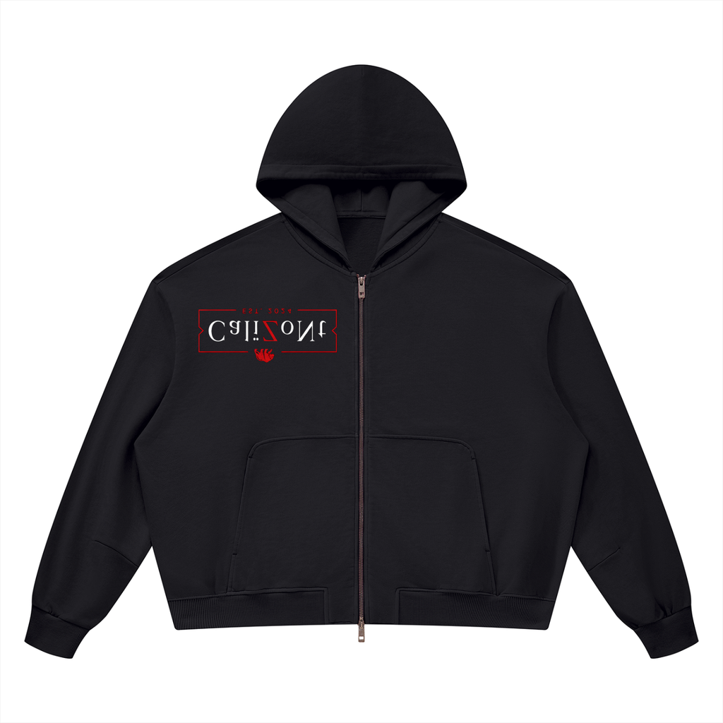 CalïZoNt Vintage Wash Boxy Full-Zip Hoodie in black, front view